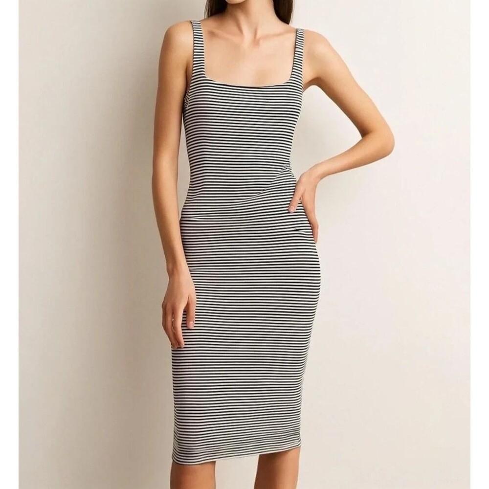 Zara Stretch Sleeveless Black & White Striped Square Neck Dress Size XL New!